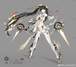  absurdres black_hair clothing_cutout cropped_shirt female fiery_hair fire floating_hair full_body grey_background hand_up highres legs_apart long_hair looking_to_the_side lucia:_pyroath_(punishing:_gray_raven) lucia_(punishing:_gray_raven) mechanical_arms navel official_art pants punishing:_gray_raven red_eyes shirt solo standing stomach thigh_cutout tk_production turning_head very_long_hair weapon weibo_logo weibo_watermark white_footwear white_pants white_shirt 