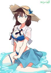  absurdres bikini black_hair black_ribbon blue_bikini blue_eyes blue_sarong braid breasts cleavage collared_shirt dress_shirt female front-tie_bikini_top front-tie_top hair_flaps hair_over_shoulder hat highres kantai_collection long_hair looking_at_viewer medium_breasts neck_ribbon one-hour_drawing_challenge ribbon robinson_(day_l_full) sarong shigure_(kancolle) shigure_kai_san_(kancolle) shigure_kai_san_(swimsuit)_(kancolle) shirt simple_background single_braid solo straw_hat swimsuit twitter_username water white_background white_shirt 