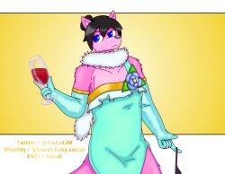  absurd_res black_hair blue_eyes canid canine canis clothed clothing dress female glass_of_wine gloves gold_(metal) hair handwear hi_res humanoid latex latex_clothing latex_gloves latex_handwear mammal pink_body scarf solo tracat wolf 