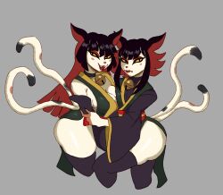  2024 2_tails absurd_res anthro ass bell bell_collar big_breasts big_butt black_hair black_tail_tip breasts brother_(lore) brother_and_sister_(lore) cleavage clothed clothed_anthro clothed_female clothed_male clothing collar digital_drawing_(artwork) digital_media_(artwork) dipstick_tail domestic_cat duo eyeshadow fangs felid feline felis female female_anthro femboy fur grey_background hair hi_res jingle_bell jingle_bell_collar legwear light_body light_fur lipstick makeup male male_anthro mammal markings mouth_closed multi_tail multicolored_hair niji_(palesnake) open_mouth open_smile palesnake red_eyeshadow red_hair sibling_(lore) simple_background sister_(lore) smile spots spotted_markings spotted_tail tail tail_markings teeth thick_thighs thigh_highs tomo_(palesnake) twins_(lore) two_tone_hair yellow_sclera 