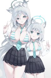  2girls absurdres ahoge animal_ear_fluff animal_ears aqua_eyes aqua_necktie between_breasts bikini black_skirt blue_archive blue_halo breasts center_opening cross cross_hair_ornament grey_hair grey_halo hair_between_eyes hair_intakes hair_ornament halo hand_up highres inverted_cross large_breasts long_hair long_sleeves looking_at_viewer meunhongcha mismatched_pupils multiple_girls necktie necktie_between_breasts plaid_clothes plaid_skirt pleated_skirt puffy_long_sleeves puffy_sleeves shiroko_(blue_archive) shiroko_terror_(blue_archive) shirt short_hair simple_background skirt small_breasts striped_bikini striped_clothes swimsuit thighs v white_background white_shirt wolf_ears wolf_girl 