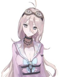  antenna_hair barbed_wire black_choker blonde_hair blue_eyes breasts choker danganronpa_(series) danganronpa_v3:_killing_harmony female goggles goggles_on_head hair_between_eyes iruma_miu large_breasts long_hair long_sleeves pink_serafuku school_uniform serafuku shima_(fm_90mhz) shirt smile 