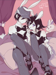  2boys alternate_costume animal_ears bare_shoulders black_bow black_bowtie black_leotard bow bowtie crossdressing danganronpa_(series) danganronpa_v3:_killing_harmony ewa_(seraphhuiyu) fake_animal_ears fishnet_pantyhose fishnets highres leotard male_playboy_bunny multiple_boys oma_kokichi pantyhose pillow purple_eyes saihara_shuichi shoes short_hair stuffed_animal stuffed_rabbit stuffed_toy 