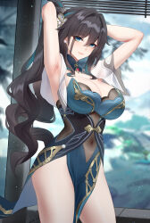  absurdres alternate_hairstyle aqua_collar aqua_dress armpits arms_up bare_legs black_hair blurry blurry_background breasts cleavage closed_mouth commentary_request covered_navel cowboy_shot detached_collar dress earrings female green_eyes hair_between_eyes highres honkai:_star_rail honkai_(series) jewelry large_breasts long_hair looking_at_viewer multicolored_hair partial_commentary ponytail ruan_mei_(honkai:_star_rail) smile solo standing streaked_hair very_long_hair wu_ganlan_cai 