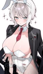  animal_ears arm_under_breasts black_jacket blue_eyes blush breasts cleavage collarbone detached_collar faust_(project_moon) female hair_between_eyes highleg highleg_leotard highres jacket large_breasts leotard limbus_company long_sleeves looking_at_viewer necktie open_clothes open_jacket open_mouth playboy_bunny project_moon rabbit_ears short_hair simple_background solo strapless strapless_leotard thighs tori_(pippikasu) white_background white_hair white_leotard wrist_cuffs 