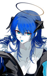  absurdres arknights black_jacket blue_eyes blue_hair blue_tongue breasts cleavage collarbone colored_tongue demon_horns female fur-trimmed_hood fur_trim hair_between_eyes halo highres hood horns jacket long_hair long_sleeves looking_at_viewer mostima_(arknights) off_shoulder open_clothes open_jacket open_mouth shirt simple_background solo tongue tongue_out upper_body white_background white_shirt zakimpo 