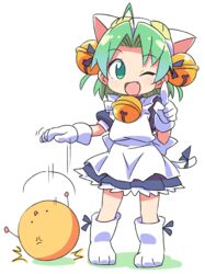  1other ahoge animal_hat apron bell cat_hat cat_tail dejiko di_gi_charat dribbling_(basketball) female full_body gema gloves green_eyes green_hair hair_bell hair_ornament hat highres jingle_bell maid maid_apron oerba_yun_fang one_eye_closed open_mouth ribbon roku_no_hito simple_background smile standing tail tail_ornament tail_ribbon white_background white_gloves 