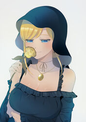  alice_lendrott black_dress black_headwear blonde_hair blue_eyes breasts cleavage dress earrings female flower highres holding holding_flower jewelry kotneo large_breasts locket long_sleeves necklace off-shoulder_dress off_shoulder pendant shinigami_bocchan_to_kuro_maid short_hair solo upper_body white_background yellow_flower 