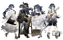  absurdres alternate_costume arknights astesia_(arknights) bag bare_shoulders bird_tail birthday black_legwear blue_eyes blue_hair chinese_commentary commentary female flower hair_intakes handbag high_heels highres holding holding_flower holding_umbrella jacket long_hair mixed-language_commentary pantyhose rose simple_background strap_slip suitcase tail umbrella white_background white_flower white_rose yuji_(fantasia) 