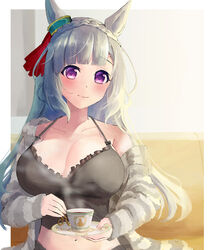  animal_ears black_shirt blush braid breasts camisole cleavage closed_mouth crop_top crown_braid cup female fur_jacket grey_hair grey_jacket highres holding holding_cup holding_saucer horse_ears horse_girl jacket kitsune_yuki large_breasts long_hair long_sleeves looking_at_viewer mejiro_ardan_(umamusume) midriff navel off_shoulder purple_eyes saucer shirt single_bare_shoulder sitting smile solo steam teacup umamusume upper_body 