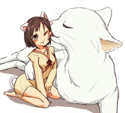  :3 :d affectionate animal animal_ears bare_legs barefoot between_legs breasts brown_hair cat_ears cat_girl cat_tail closed_eyes collarbone commentary dress eyebrows_hidden_by_hair feline female full_body green_eyes hand_between_legs hug idolmaster idolmaster_cinderella_girls ito_(itokayu) licking long_sleeves lying maekawa_miku oerba_yun_fang on_side one_eye_closed open_mouth oversized_animal parted_bangs seiza shadow short_hair simple_background sitting smile solo sweater sweater_dress tail tongue tongue_out white_background 