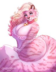  2020 anthro bell big_breasts blonde_hair breasts cleavage clothed clothing collar digital_media_(artwork) felid female hair hi_res jingle_bell mammal marzipan_(spottedtigress) pantherine pink_body shaded simple_background solo thick_thighs tiger tiggybloom white_background 