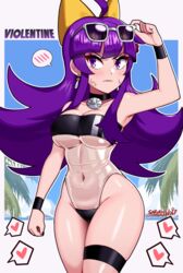  absurdres ahoge black_choker black_one-piece_swimsuit breasts casual_one-piece_swimsuit choker covered_navel earrings eyewear_on_head female gris_swimsuit heart highleg highleg_swimsuit highres jewelry large_breasts long_hair meme_attire one-piece_swimsuit original purple_eyes purple_hair sarukaiwolf see-through see-through_one-piece_swimsuit sidelocks solo speech_bubble spoken_blush spoken_heart standing strapless strapless_one-piece_swimsuit sunglasses swimsuit thigh_strap violentine_(sarukaiwolf) 