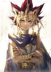  1boy ankh armlet artist_name atem backlighting black_hair blonde_hair blue_cape bracelet cape character_name closed_mouth collar commentary crossed_arms earrings egyptian egyptian_clothes ekita_kuro english_commentary english_text eye_of_horus glint hieroglyphics highres jewelry looking_to_the_side male_focus metal_collar millennium_puzzle multicolored_hair purple_eyes red_hair ring serious sideways_glance solo spiked_hair upper_body yu-gi-oh! yu-gi-oh!_duel_monsters 