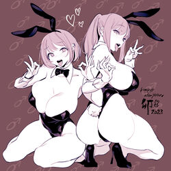  2girls animal_ears ass bare_shoulders black_leotard blush bow bowtie breasts cleavage detached_collar fake_animal_ears fake_tail from_behind full_body happy_new_year headpiece heart heart-shaped_pupils high_heels highleg highleg_leotard highres large_breasts leotard long_hair looking_at_viewer multiple_girls open_mouth original playboy_bunny ponytail poriuretan rabbit_ears rabbit_tail simple_background smile squatting strapless strapless_leotard symbol-shaped_pupils tail tongue tongue_out wrist_cuffs 