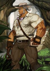  1boy absurdres bara belt blue_eyes brown_gloves brown_pants bulge chest_hair facial_hair gloves goatee goggles goggles_around_neck grey_hair highres korean_commentary large_pectorals live_a_hero male_focus marfik_(live_a_hero) muscular muscular_male old old_man pants pectorals short_hair sideburns solo thick_thighs thighs tied_hair traver009 white_headwear 