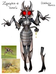  absurdres arthropod_girl bug colored_skin commentary compound_eyes drooling english_commentary extended_mouth female fewer_digits fly full_body furry grey_skin hands_up highres horns matilda_fiship original pencil_skirt red_eyes sharp_teeth simple_background skirt solo teeth white_background 