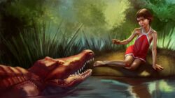  16:9 2021 alisa_seleznyova_(character) alisa_seleznyova_(series) ambiguous_gender asher_(artist) barefoot blue_eyes blush brown_hair clothing crocodile crocodilian crocodylid day detailed detailed_background digital_media_(artwork) digital_painting_(artwork) dress dress_only duo eye_contact fangs feet feral forest forest_background glistening grass guest_from_the_future hair hi_res human legs_together long_snout looking_at_another mammal nails nature nature_background open_mouth orange_eyes outside partially_submerged plant plantigrade pupils red_body red_clothing red_dress red_scales red_sclera reflection reptile ripples scales scalie short_hair sitting slit_pupils smile snout swimming tall_grass teeth toenails toes tree water water_reflection widescreen young 