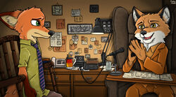  anthro canid canine clothed clothing container cup digital_media_(artwork) disney duo electronics facial_markings fantastic_mr._fox fingers fox fully_clothed fur furniture head_markings looking_at_viewer male mammal markings microphone mr._fox_(fantastic_mr._fox) muzzle_(marking) necktie nick_wilde orange_body orange_fur paper pawpads paws plans red_fox smile snout snout_markings suit true_fox ziegelzeig zootopia 