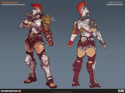  2022 a-pose andrew_menjivar armor blizzard_entertainment character_name clenched_hand company_name concept_art copyright_name copyright_notice cross_scar female fingerless_gloves full_body gladiator gladiator_sandals gloves gun helmet highres holding holding_weapon junker_queen_(overwatch) logo official_art open_hands overwatch overwatch_2 red_gloves sandals scar shotgun shoulder_armor simple_background solo standing thighhighs toes weapon 