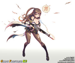  !? artist_name assault_rifle bandaid black_footwear black_gloves boots breasts brown_eyes brown_hair brown_pantyhose character_name cleavage daewoo_k2 female fingerless_gloves full_body girls&#039;_frontline gloves gun holding holding_gun holding_weapon jacket k2_(girls&#039;_frontline) lenn_sparrow looking_at_viewer open_mouth pantyhose ponytail rifle showgirl_skirt solo torn_clothes torn_pantyhose weapon white_background white_jacket 