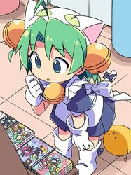  1other animal_hat apron bell cat_hat cat_tail dejiko di_gi_charat eyes_visible_through_hair female gema gloves green_eyes green_hair hair_bell hair_ornament hat highres jingle_bell looking_at_object maid maid_apron manga_(object) open_mouth ribbon roku_no_hito tail tail_ornament tail_ribbon white_gloves 