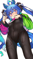  absurdres ahoge animal_ears bad_id bad_pixiv_id black_bodysuit blue_hair blush bodysuit clothes_lift female from_below gradient_eyes hair_between_eyes heterochromia highres hood hood_down hoodie hoodie_lift horse_ears horse_girl horse_tail looking_at_viewer multicolored_clothes multicolored_eyes open_mouth pirukusu simple_background solo sweat tail twin_turbo_(umamusume) twintails umamusume white_background 