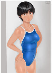  black_hair blue_one-piece_swimsuit breasts brown_eyes collarbone commentary_request competition_school_swimsuit covered_navel cowboy_shot dated female hands_on_own_hips highres lips looking_at_viewer medium_breasts one-piece_swimsuit original school_swimsuit short_hair smile solo swimsuit tan tanlines twitter_username zenkou 