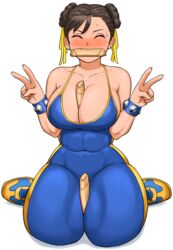  ^_^ abs bad_id bad_pixiv_id between_breasts between_thighs blue_unitard blush breasts chun-li cleavage closed_eyes collarbone commentary covered_navel double_bun double_v earrings female fingernails food food_in_mouth full_body hair_bun hair_ribbon highres jewelry large_breasts mouth_hold nose_blush official_alternate_costume on_ground ribbon shigenobu sitting skin_tight smile solo spaghetti_strap spring_roll street_fighter street_fighter_zero_(series) stud_earrings studded_bracelet sweatdrop teeth thick_thighs thighs unitard upper_teeth_only v wariza what white_background yellow_footwear 