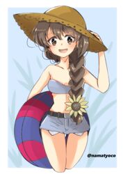  belt bikini bikini_top_only black_belt black_ribbon braid brown_eyes brown_hair brown_hat commentary_request cropped_legs female flower girls_und_panzer grey_bikini grey_shorts hair_flower hair_ornament hair_over_shoulder hair_ribbon hand_on_headwear hat highres holding holding_swim_ring innertube long_hair looking_at_viewer micro_shorts namatyoco navel open_mouth partial_commentary ribbon rukuriri_(girls_und_panzer) shorts single_braid smile solo standing strapless strapless_bikini straw_hat sun_hat swim_ring swimsuit thigh_gap twintails yellow_flower 