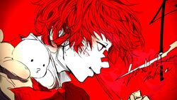  ._. 1boy 3kuma bad_id bad_twitter_id bandaid bandaid_on_face bandaid_on_nose coat commentary fukase half-closed_eyes hand_up male_focus mouth_hold o3o point_(vocaloid) portrait profile red_background red_eyes red_hair ribbon vocaloid white_coat 