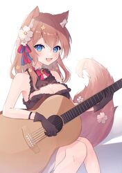  :d acoustic_guitar akuo_11 animal_ears blue_eyes blush bracelet breasts brown_hair cleavage cleavage_cutout clothing_cutout crescent_brooch female flower gloves guitar hair_flower hair_ornament hair_ribbon highres hizuki_rurufu holding holding_instrument instrument jewelry large_breasts long_hair neck_ribbon oerba_yun_fang open_mouth ribbon shirt sleeveless sleeveless_shirt smile snack_nili solo tail tail_flower tail_ornament virtual_youtuber 