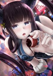  all_fours bare_shoulders black_dress blue_eyes blunt_bangs blush breasts china_dress chinese_clothes chocolate cleavage detached_sleeves downblouse dress fate/grand_order fate_(series) female flower hair_ornament heart heart-shaped_pupils highres large_breasts leaf_hair_ornament long_hair looking_at_viewer lychee open_mouth petals purple_hair side_slit sidelocks solo symbol-shaped_pupils totororo twintails very_long_hair yang_guifei_(fate) yang_guifei_(second_ascension)_(fate) 