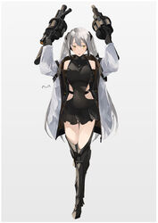  :o absurdres alternate_costume arms_up artist_name bare_shoulders black_dress black_gloves blush breasts commission covered_navel destroyer_(girls&#039;_frontline) dress dual_wielding female full_body girls&#039;_frontline gloves grenade_launcher grey_hair gun hair_ornament hairclip highres holding holding_gun holding_weapon jacket long_hair long_sleeves looking_at_viewer mechanical_legs medium_breasts milkor_mgl multicolored_hair open_clothes open_jacket open_mouth sangvis_ferri skeb_commission solo standing streaked_hair sutekina_awa twintails weapon white_background white_jacket yellow_eyes 