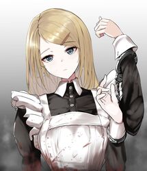  apron blonde_hair blood blood_on_clothes blood_on_face bloody_apron blue_eyes breasts buttons commentary cuffs dismemberment earrings expressionless female gradient_background hair_ornament hairclip handcuffs hands_up head_tilt highres jewelry long_hair long_sleeves looking_at_viewer maid maid_apron original small_breasts solo take_(trude1945oneetyan) upper_body 