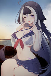  ahoge animal_ears artist_name belt_collar bikini bikini_under_clothes black_hair blue_bikini blue_collar blue_skirt breasts cetacean_tail cheek_poking chest_tattoo cleavage collar commentary english_commentary facial_tattoo female fins fish_tail halterneck heart heart_ahoge highres indie_virtual_youtuber large_breasts leg_tattoo long_hair looking_at_viewer multicolored_hair nanoless navel one_eye_closed orca_girl patreon_username poking poking_self purple_eyes school_uniform see-through see-through_shirt serafuku shirt shylily shylily_(1st_costume) skirt solo streaked_hair summer swimsuit tail tattoo tongue tongue_out twitter_username virtual_youtuber water white_hair white_shirt 