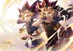  2boys belt black_belt black_hair black_shirt blonde_hair blue_jacket blue_pants bracelet card chains closed_mouth collarbone commentary domino_high_school_uniform duel_disk dyed_bangs ekita_kuro english_commentary english_text gradient_background highres holding holding_card jacket jacket_on_shoulders jewelry long_sleeves looking_at_viewer male_focus millennium_puzzle multicolored_hair multiple_boys muto_yugi open_clothes open_jacket pants red_eyes red_hair school_uniform shirt sleeveless sleeveless_shirt smile spiked_hair standing translated yami_yugi yu-gi-oh! yu-gi-oh!_duel_monsters 