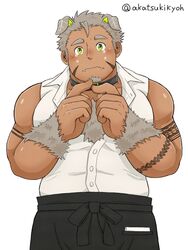  1boy akatsuki_(@akatsukikyoh) animal_ears bad_id bad_twitter_id bara bare_shoulders blush body_fur chest_hair dog_boy dog_ears facial_hair fidgeting goatee gomeisa_(live_a_hero) green_eyes grey_hair highres index_fingers_together large_pectorals live_a_hero long_sideburns looking_at_viewer male_focus muscular muscular_male nervous pectorals short_hair sideburns sleeveless solo tattoo tearing_up tribal_tattoo upper_body waiter 