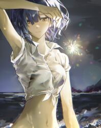  blue_hair bocchi_the_rock! closed_mouth collared_shirt ear_piercing female highres holding holding_fireworks mole mole_under_eye navel night ocean outdoors piercing shirt short_hair short_sleeves smile solo upper_body white_shirt yamada_ryo yellow_eyes zuzu_(wckd7545) 