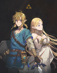  1boy blonde_hair blue_eyes breasts champion&#039;s_tunic_(zelda) commentary cowboy_shot dress earrings female gloves hair_between_eyes highres holding holding_shield holding_sword holding_weapon jewelry link lino_chang long_hair long_sleeves looking_at_viewer master_sword md5_mismatch pointy_ears ponytail princess_zelda sheikah_slate shield side-by-side standing sword the_legend_of_zelda the_legend_of_zelda:_breath_of_the_wild triforce weapon 