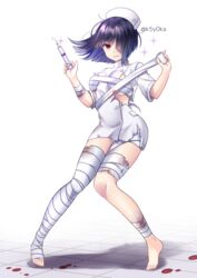  artist_name bandage_over_one_eye bandaged_arm bandaged_head bandaged_leg bandages bandaid black_hair blood colored_inner_hair commentary_request female full_body hair_over_one_eye hands_up hat highres holding holding_bandages holding_syringe jacket knees_together_feet_apart koyoka looking_at_viewer multicolored_hair naked_bandage nurse nurse_cap original purple_hair red_eyes short_hair short_sleeves solo syringe tile_floor tiles torn_clothes torn_jacket uniform white_jacket 