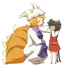  2girls age_difference aged_down animal_ear_piercing animal_ears blonde_hair cat_ears cat_girl cat_tail chen commentary_request crescent_print crying fox_ears fox_girl fox_tail full_body hands_up hat headpat ito_(itokayu) kitsune long_sleeves mob_cap multiple_girls multiple_tails open_mouth partial_commentary purple_tabard red_skirt short_hair simple_background skirt squatting standing tabard tail tears touhou two_tails white_background white_headwear white_sleeves yakumo_ran 