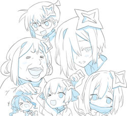  &gt;_&lt; 2girls amane_kanata blade_(galaxist) blue_theme commentary_request cosplay edogawa_conan edogawa_conan_(cosplay) glasses hair_between_eyes hair_ornament hair_over_one_eye hololive hoshimachi_suisei houshou_marine laughing looking_at_viewer meitantei_conan monochrome multiple_girls old old_woman one_eye_closed open_mouth parody short_hair simple_background tears virtual_youtuber white_background 