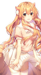  :d animal_ear_fluff animal_ears bow bowtie cowboy_shot female fox_ears fox_tail highres holding holding_clothes holding_skirt kawaii_nihongo kyuubi long_hair multiple_tails open_mouth orange_eyes orange_hair pleated_skirt riko_(kawaii_nihongo) rosuuri school_uniform serafuku short_sleeves single_horizontal_stripe skirt smile solo striped striped_bow symbol_commentary tail thighhighs twitter_username very_long_hair white_legwear white_skirt wind wind_lift 