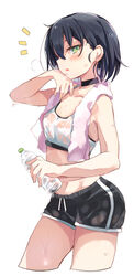  absurdres bare_arms bare_shoulders black_choker black_hair black_shorts bottle choker collarbone crop_top cropped_legs dolphin_shorts female green_eyes hand_on_own_chin hand_up highres holding holding_bottle junior_(toshizou) looking_at_viewer md5_mismatch midriff notice_lines original parted_lips see-through see-through_sports_bra short_hair short_shorts shorts simple_background sleeveless solo sports_bra sweat sweaty_clothes thighs toshizou_(0714) towel towel_around_neck wet wet_clothes white_background wiping_face wiping_sweat 