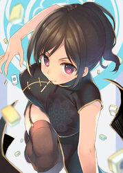  absurdres arm_at_side black_dress black_footwear black_hair blurry blush bouncing_breasts breasts brown_thighhighs china_dress chinese_clothes closed_mouth covered_nipples depth_of_field dress eraser female fingernails foreshortening garter_straps hand_up highres large_breasts leg_up looking_at_viewer mouth_hold original photoshop_(medium) pink_eyes ponytail running shoes short_hair short_sleeves side_slit sidelocks simple_background smile solo tareme tatami_to_hinoki thighhighs white_background zettai_ryouiki 