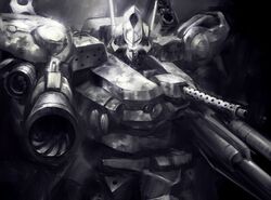  aiming aiming_at_viewer armored_core close-up evangel glowing glowing_eye greyscale gun holding holding_gun holding_weapon looking_at_viewer mecha monochrome mozuo no_humans one-eyed robot science_fiction solo weapon 