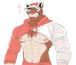  2020 abs andre_(chirenbo) anthro baseball_cap chirenbo clothing cougar digital_media_(artwork) felid feline fur hat headgear headwear male mammal mrusuk_crop_top muscular muscular_anthro muscular_male navel nipples pecs simple_background solo 