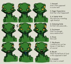  alien cadets_(md34) caption dialogue disgust english_text expression_sheet fangs female frown green_body humanoid md34 one_eye_closed open_mouth posthuman puck scheming sharp_teeth smile smug solo surprise teeth tentacle terebra text thelmani_(md34) tongue tongue_out wink 