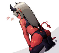  absurdres back bad_id bad_pixiv_id bare_shoulders black_horns black_sclera body_markings closed_mouth clothing_cutout cocomayo29_(tomato) colored_sclera colored_skin demon_girl demon_horns demon_tail english_text facial_hair facial_mark female grey_hair highres horns kneeling korean_commentary long_hair looking_back no_shoes orange_eyes original pointy_ears purple_thighhighs red_skin simple_background smile solo tail thighhighs torn torn_clothes triangle_cutout whisker_markings white_background 